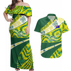 Personalised Australia Swimming Athlete Couples Matching Off Shoulder Maxi Dress and Hawaiian Shirt Aboriginal Pattern Freestyle Swimmer Patriotic