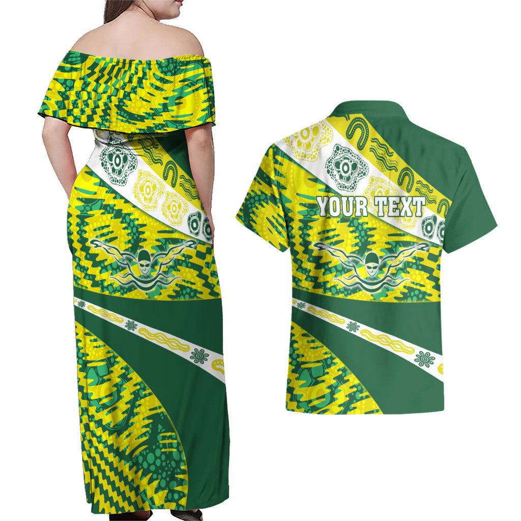 Personalised Australia Swimming Athlete Couples Matching Off Shoulder Maxi Dress and Hawaiian Shirt Aboriginal Pattern Freestyle Swimmer Patriotic