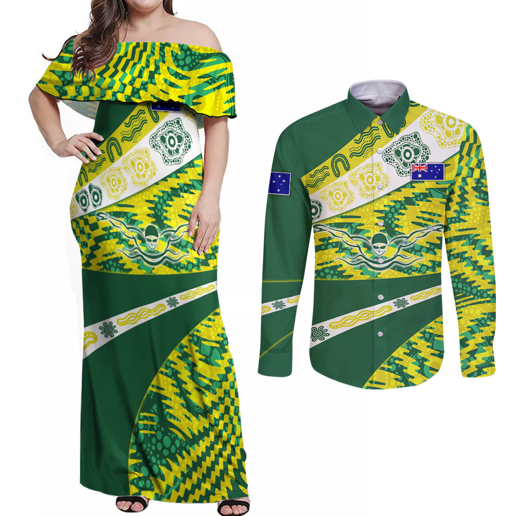 Personalised Australia Swimming Athlete Couples Matching Off Shoulder Maxi Dress and Long Sleeve Button Shirt Aboriginal Pattern Freestyle Swimmer Patriotic