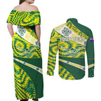 Personalised Australia Swimming Athlete Couples Matching Off Shoulder Maxi Dress and Long Sleeve Button Shirt Aboriginal Pattern Freestyle Swimmer Patriotic