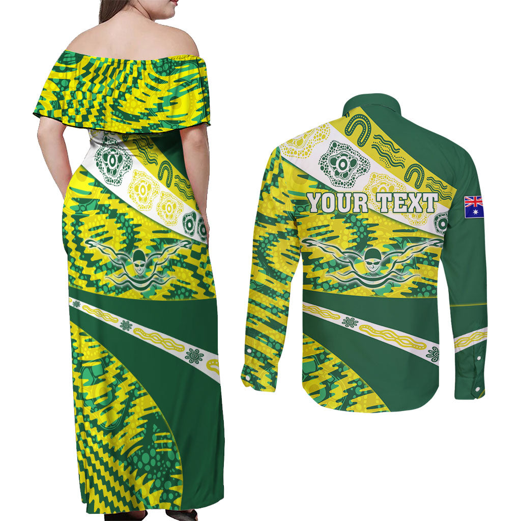 Personalised Australia Swimming Athlete Couples Matching Off Shoulder Maxi Dress and Long Sleeve Button Shirt Aboriginal Pattern Freestyle Swimmer Patriotic