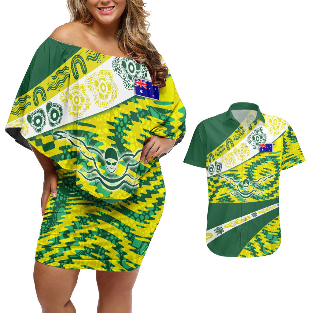 Personalised Australia Swimming Athlete Couples Matching Off Shoulder Short Dress and Hawaiian Shirt Aboriginal Pattern Freestyle Swimmer Patriotic