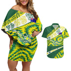 Personalised Australia Swimming Athlete Couples Matching Off Shoulder Short Dress and Hawaiian Shirt Aboriginal Pattern Freestyle Swimmer Patriotic
