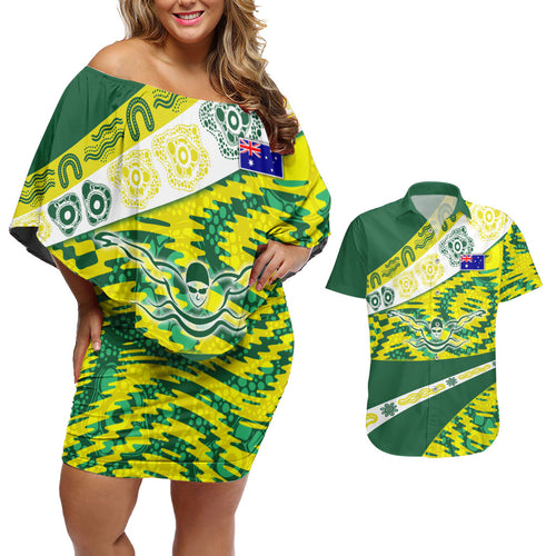 Personalised Australia Swimming Athlete Couples Matching Off Shoulder Short Dress and Hawaiian Shirt Aboriginal Pattern Freestyle Swimmer Patriotic