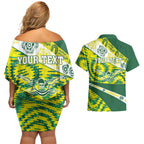 Personalised Australia Swimming Athlete Couples Matching Off Shoulder Short Dress and Hawaiian Shirt Aboriginal Pattern Freestyle Swimmer Patriotic