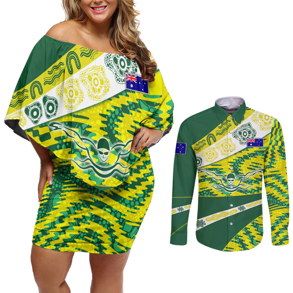 Personalised Australia Swimming Athlete Couples Matching Off Shoulder Short Dress and Long Sleeve Button Shirt Aboriginal Pattern Freestyle Swimmer Patriotic