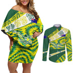 Personalised Australia Swimming Athlete Couples Matching Off Shoulder Short Dress and Long Sleeve Button Shirt Aboriginal Pattern Freestyle Swimmer Patriotic