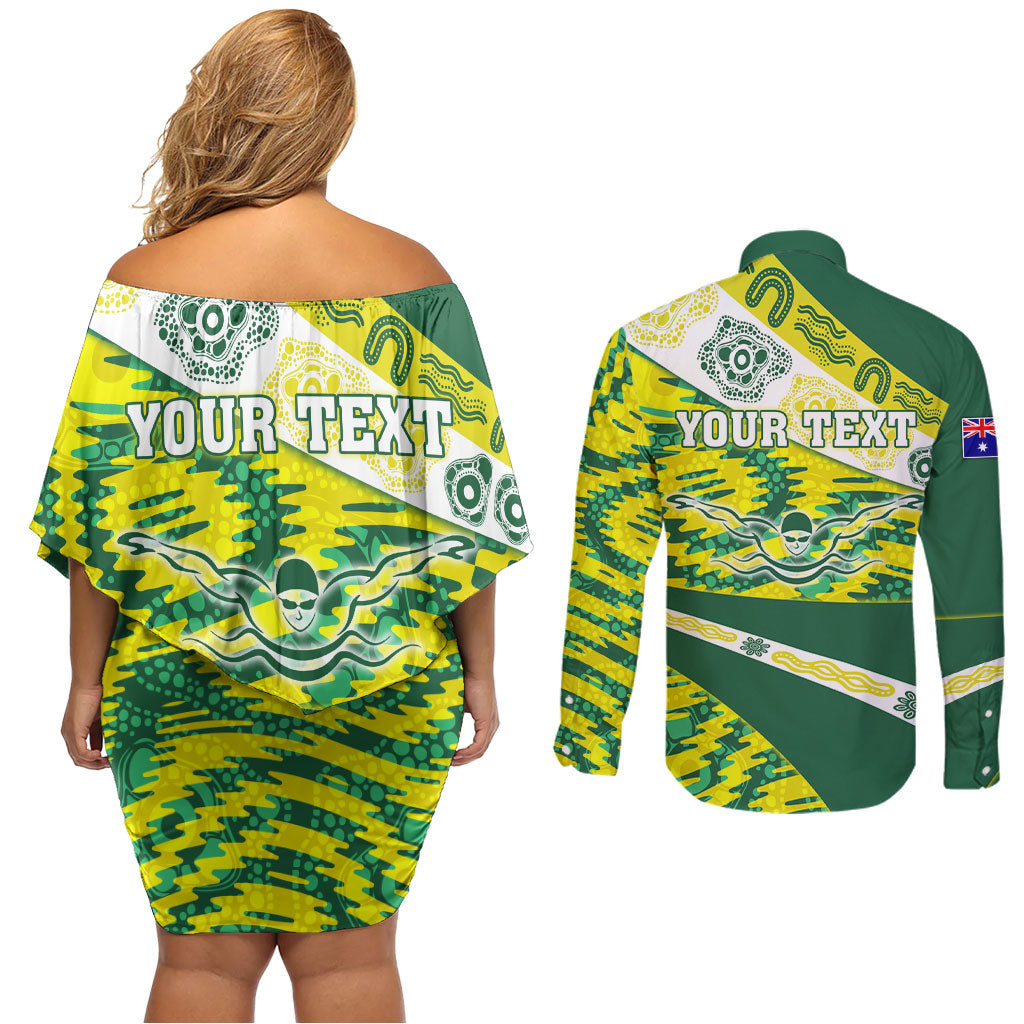 Personalised Australia Swimming Athlete Couples Matching Off Shoulder Short Dress and Long Sleeve Button Shirt Aboriginal Pattern Freestyle Swimmer Patriotic
