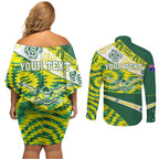 Personalised Australia Swimming Athlete Couples Matching Off Shoulder Short Dress and Long Sleeve Button Shirt Aboriginal Pattern Freestyle Swimmer Patriotic