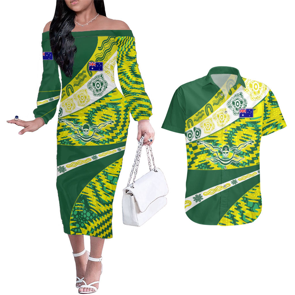 Personalised Australia Swimming Athlete Couples Matching Off The Shoulder Long Sleeve Dress and Hawaiian Shirt Aboriginal Pattern Freestyle Swimmer Patriotic