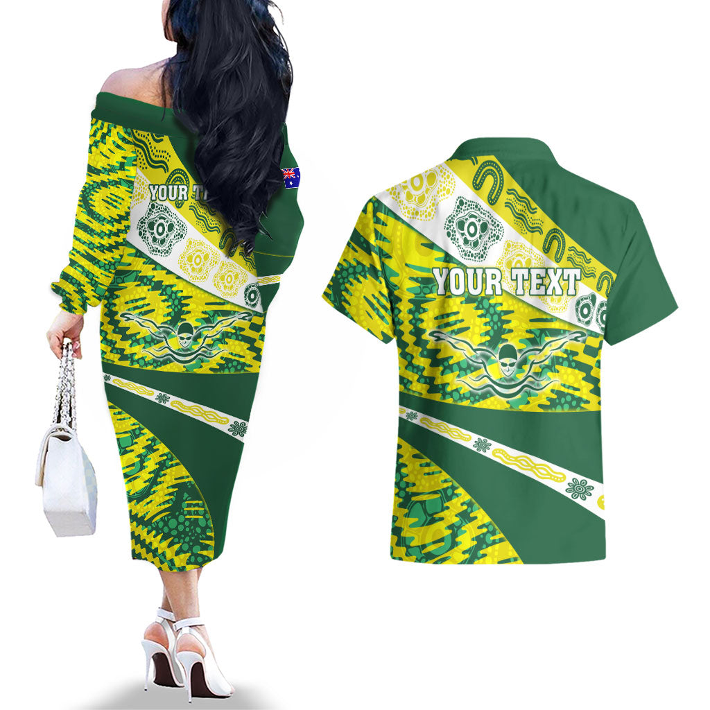 Personalised Australia Swimming Athlete Couples Matching Off The Shoulder Long Sleeve Dress and Hawaiian Shirt Aboriginal Pattern Freestyle Swimmer Patriotic