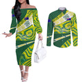 Personalised Australia Swimming Athlete Couples Matching Off The Shoulder Long Sleeve Dress and Long Sleeve Button Shirt Aboriginal Pattern Freestyle Swimmer Patriotic