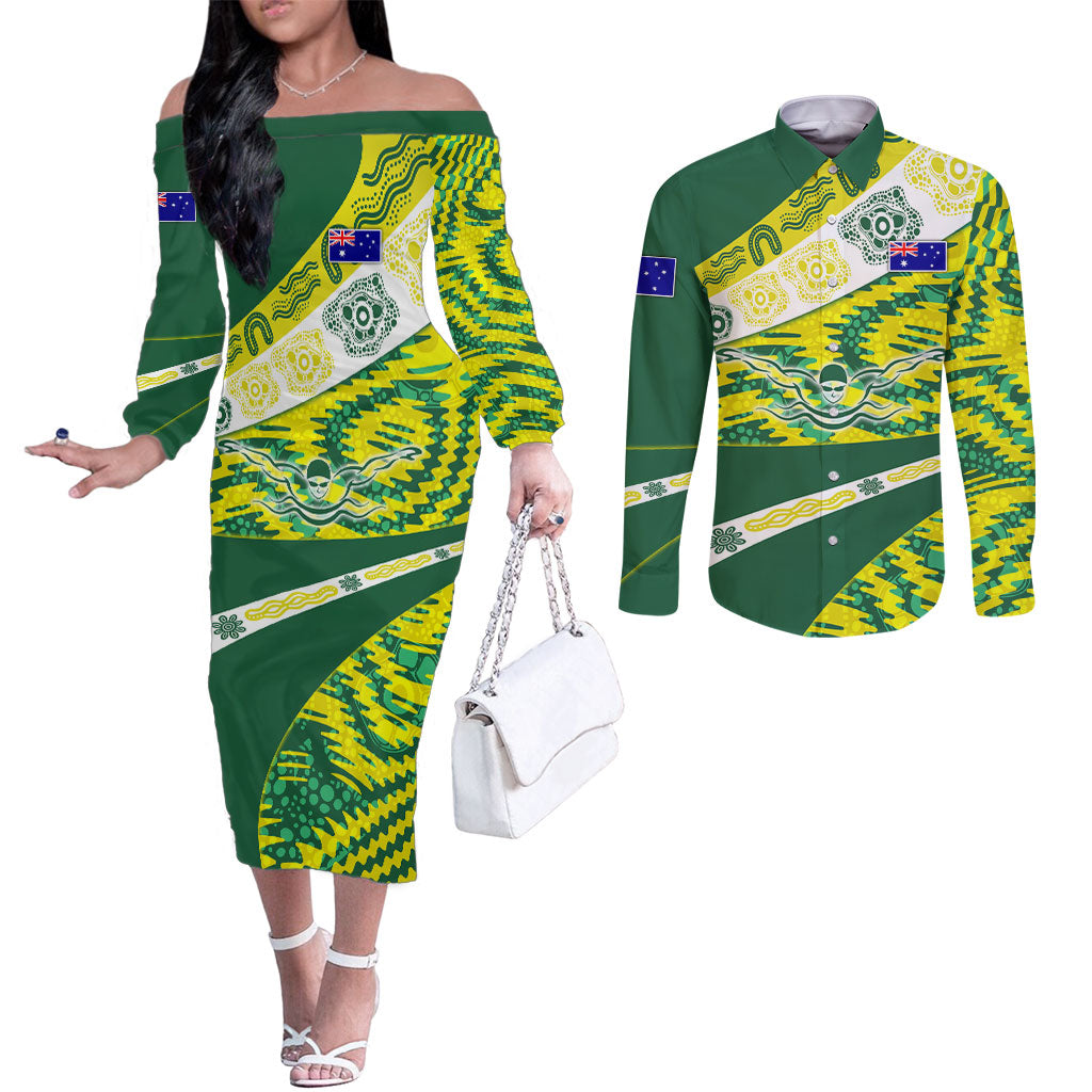 Personalised Australia Swimming Athlete Couples Matching Off The Shoulder Long Sleeve Dress and Long Sleeve Button Shirt Aboriginal Pattern Freestyle Swimmer Patriotic