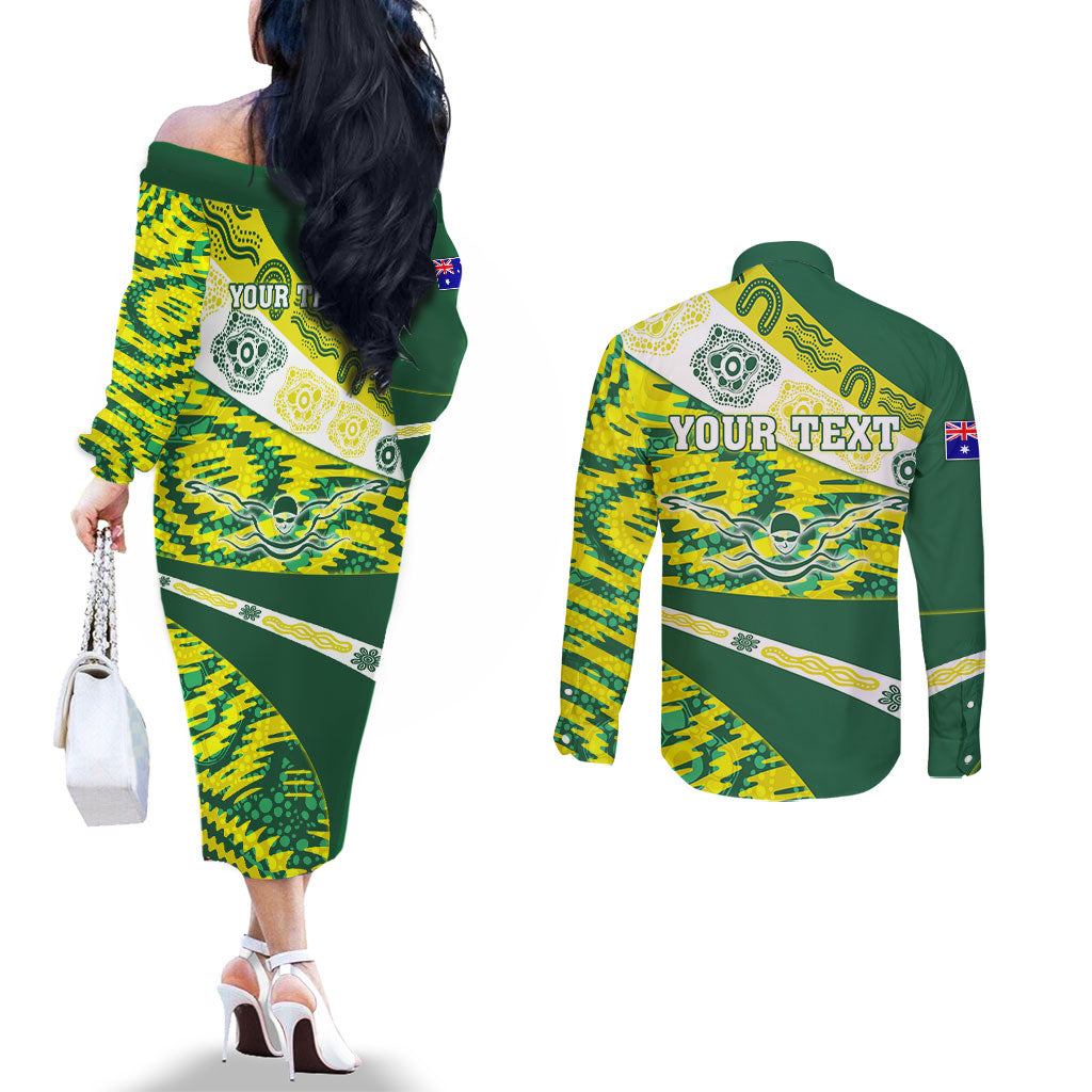 Personalised Australia Swimming Athlete Couples Matching Off The Shoulder Long Sleeve Dress and Long Sleeve Button Shirt Aboriginal Pattern Freestyle Swimmer Patriotic