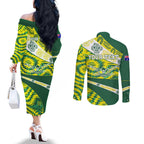 Personalised Australia Swimming Athlete Couples Matching Off The Shoulder Long Sleeve Dress and Long Sleeve Button Shirt Aboriginal Pattern Freestyle Swimmer Patriotic