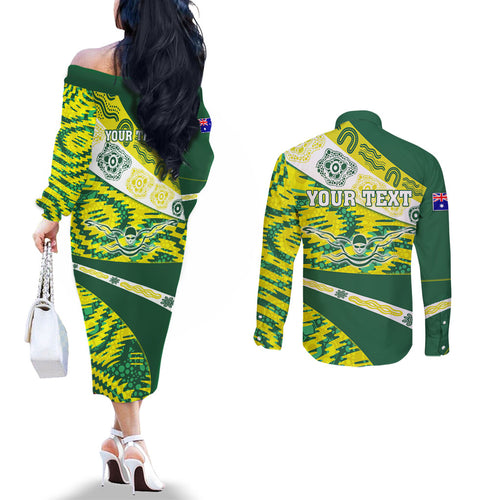 Personalised Australia Swimming Athlete Couples Matching Off The Shoulder Long Sleeve Dress and Long Sleeve Button Shirt Aboriginal Pattern Freestyle Swimmer Patriotic