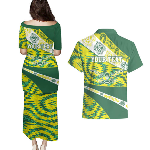 Personalised Australia Swimming Athlete Couples Matching Puletasi and Hawaiian Shirt Aboriginal Pattern Freestyle Swimmer Patriotic