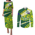 Personalised Australia Swimming Athlete Couples Matching Puletasi and Long Sleeve Button Shirt Aboriginal Pattern Freestyle Swimmer Patriotic