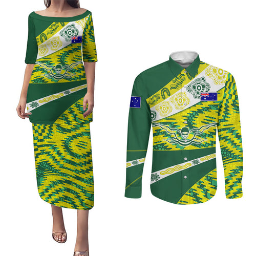 Personalised Australia Swimming Athlete Couples Matching Puletasi and Long Sleeve Button Shirt Aboriginal Pattern Freestyle Swimmer Patriotic