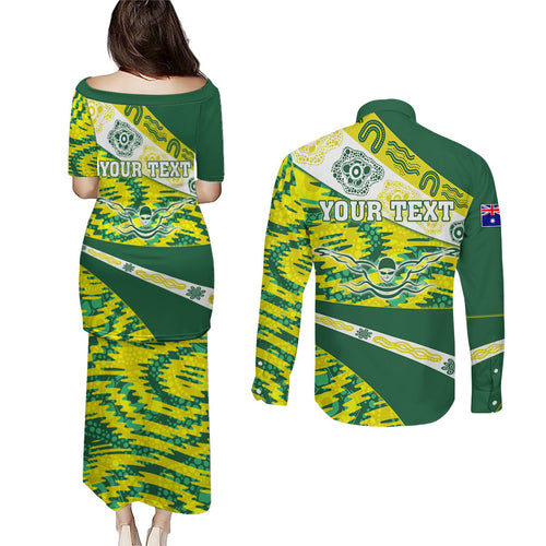 Personalised Australia Swimming Athlete Couples Matching Puletasi and Long Sleeve Button Shirt Aboriginal Pattern Freestyle Swimmer Patriotic