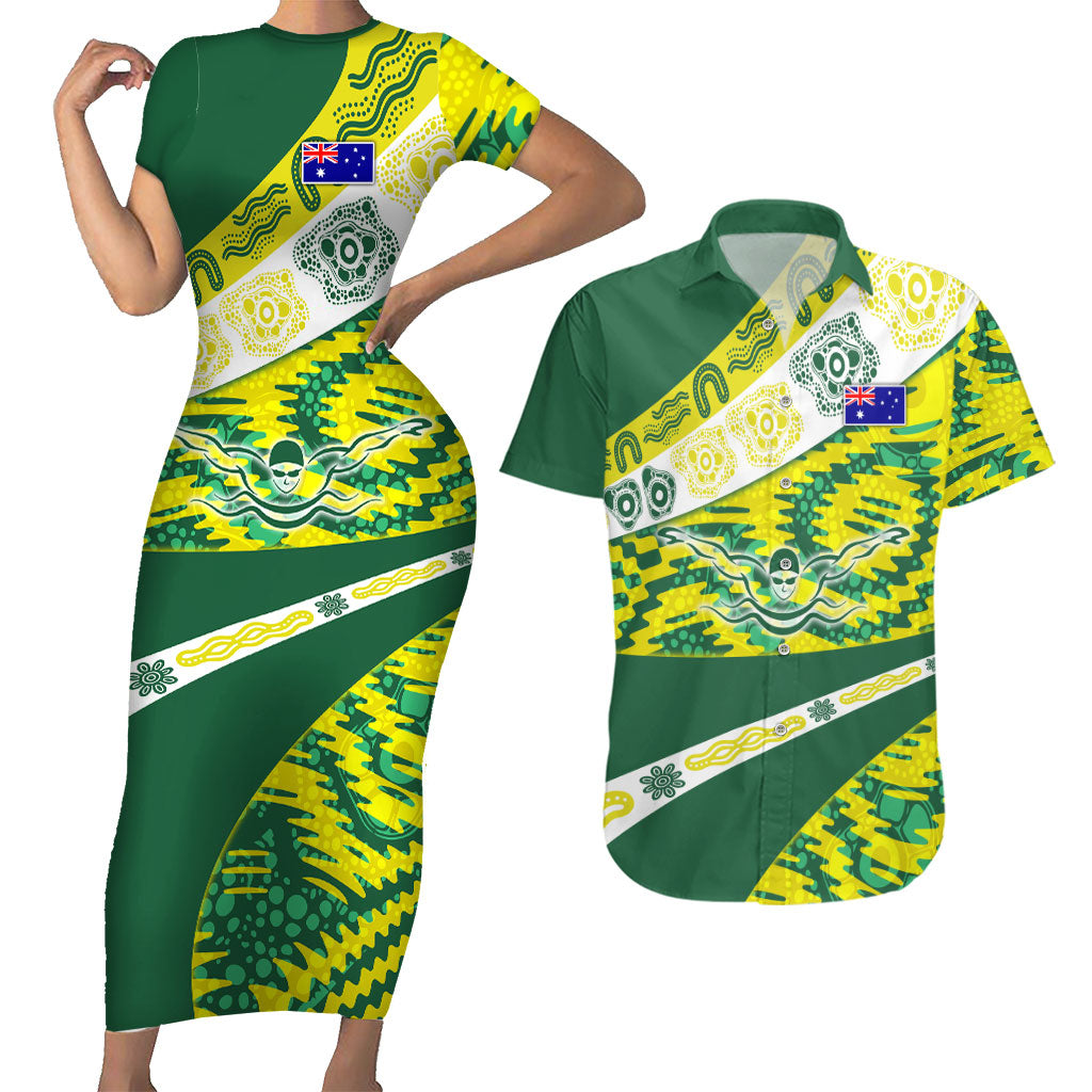 Personalised Australia Swimming Athlete Couples Matching Short Sleeve Bodycon Dress and Hawaiian Shirt Aboriginal Pattern Freestyle Swimmer Patriotic