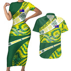 Personalised Australia Swimming Athlete Couples Matching Short Sleeve Bodycon Dress and Hawaiian Shirt Aboriginal Pattern Freestyle Swimmer Patriotic