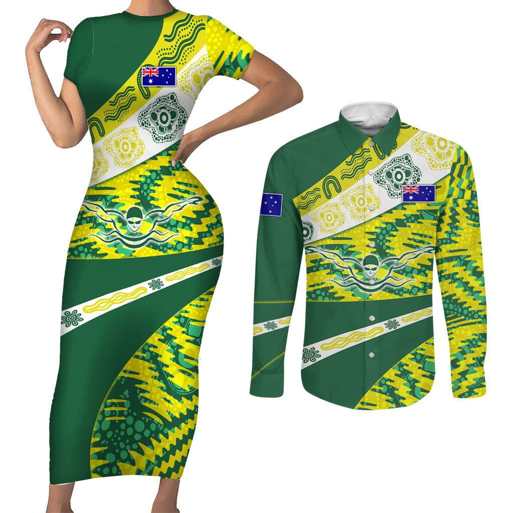 Personalised Australia Swimming Athlete Couples Matching Short Sleeve Bodycon Dress and Long Sleeve Button Shirt Aboriginal Pattern Freestyle Swimmer Patriotic