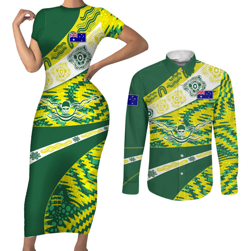 Personalised Australia Swimming Athlete Couples Matching Short Sleeve Bodycon Dress and Long Sleeve Button Shirt Aboriginal Pattern Freestyle Swimmer Patriotic