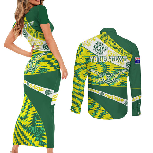 Personalised Australia Swimming Athlete Couples Matching Short Sleeve Bodycon Dress and Long Sleeve Button Shirt Aboriginal Pattern Freestyle Swimmer Patriotic