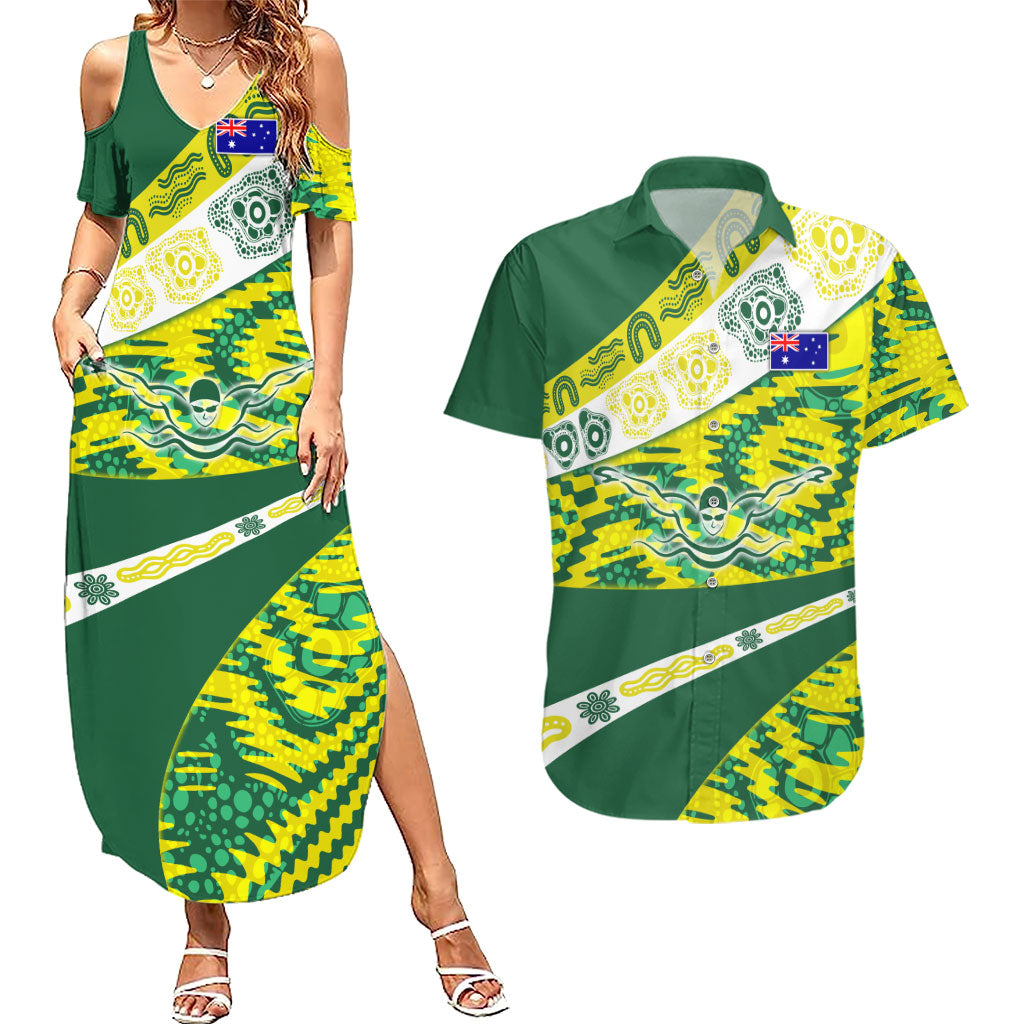 Personalised Australia Swimming Athlete Couples Matching Summer Maxi Dress and Hawaiian Shirt Aboriginal Pattern Freestyle Swimmer Patriotic
