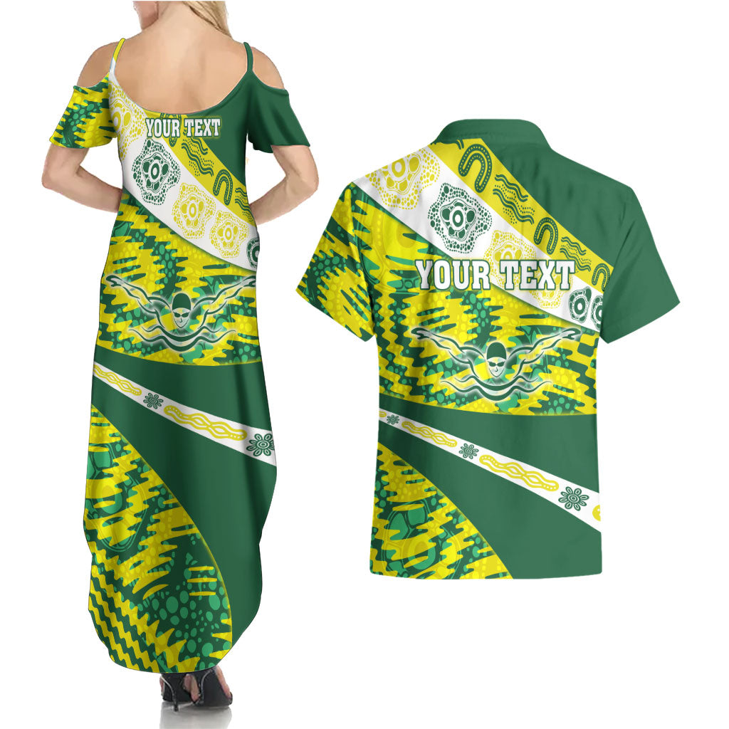Personalised Australia Swimming Athlete Couples Matching Summer Maxi Dress and Hawaiian Shirt Aboriginal Pattern Freestyle Swimmer Patriotic