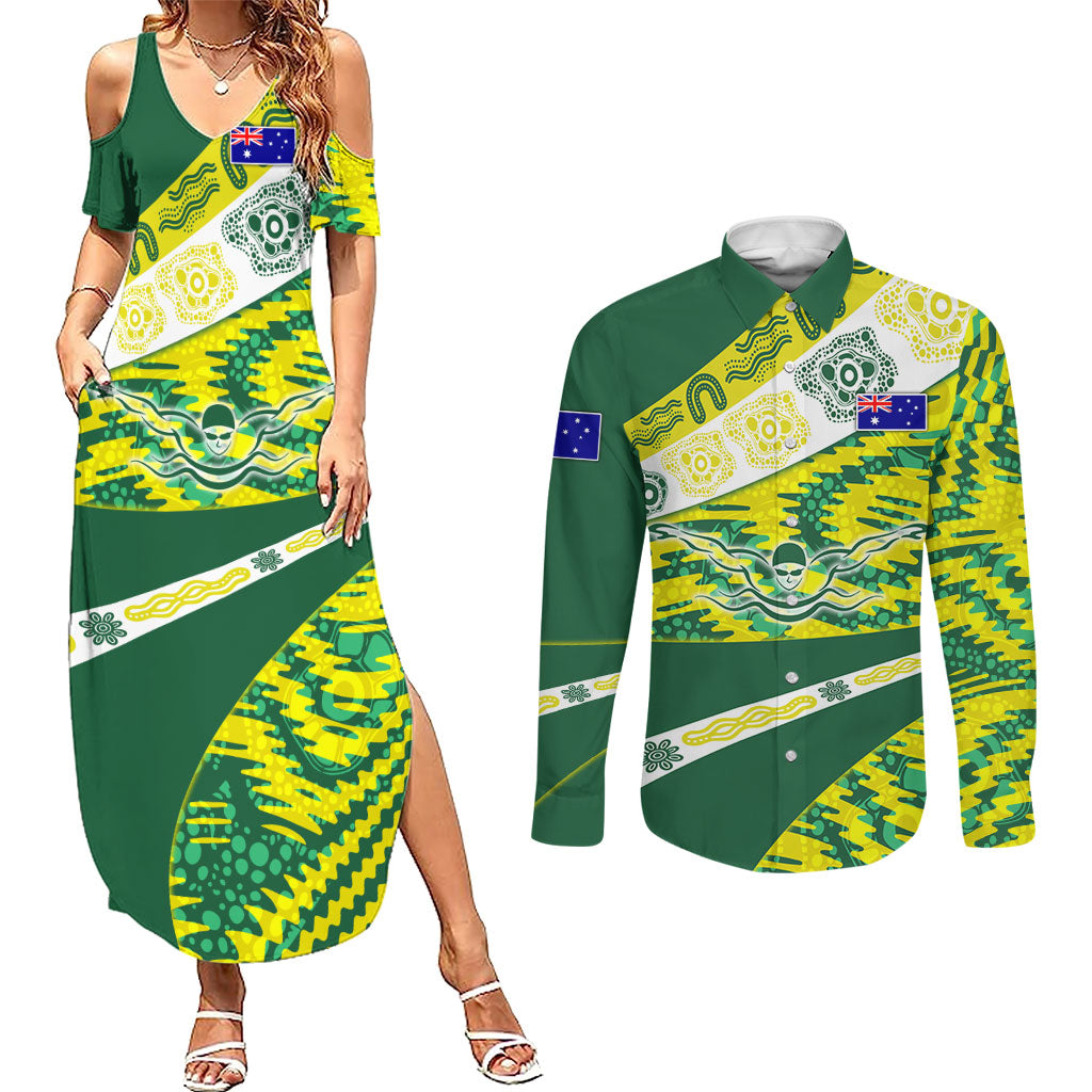 Personalised Australia Swimming Athlete Couples Matching Summer Maxi Dress and Long Sleeve Button Shirt Aboriginal Pattern Freestyle Swimmer Patriotic