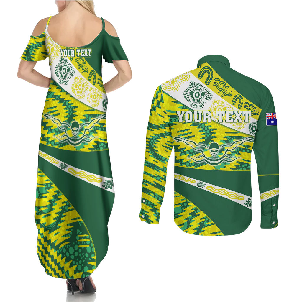 Personalised Australia Swimming Athlete Couples Matching Summer Maxi Dress and Long Sleeve Button Shirt Aboriginal Pattern Freestyle Swimmer Patriotic