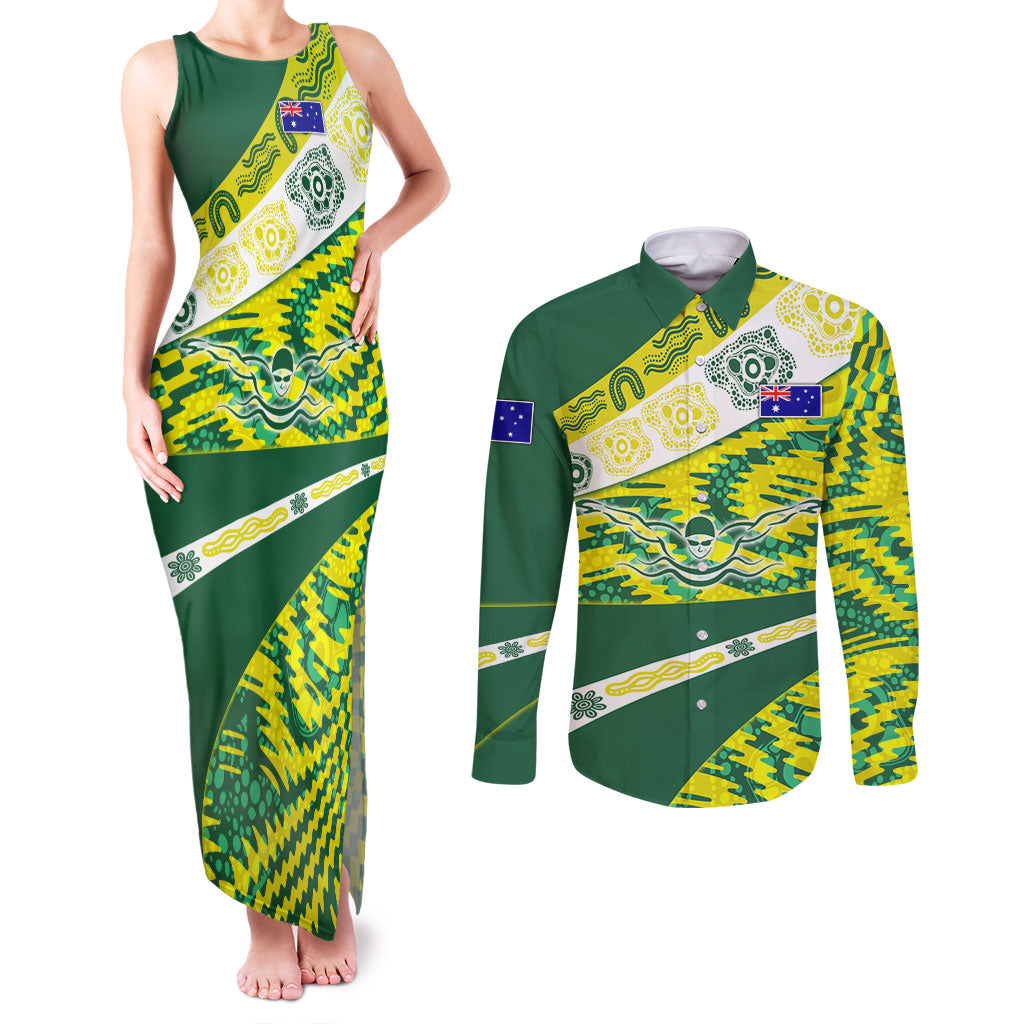 Personalised Australia Swimming Athlete Couples Matching Tank Maxi Dress and Long Sleeve Button Shirt Aboriginal Pattern Freestyle Swimmer Patriotic