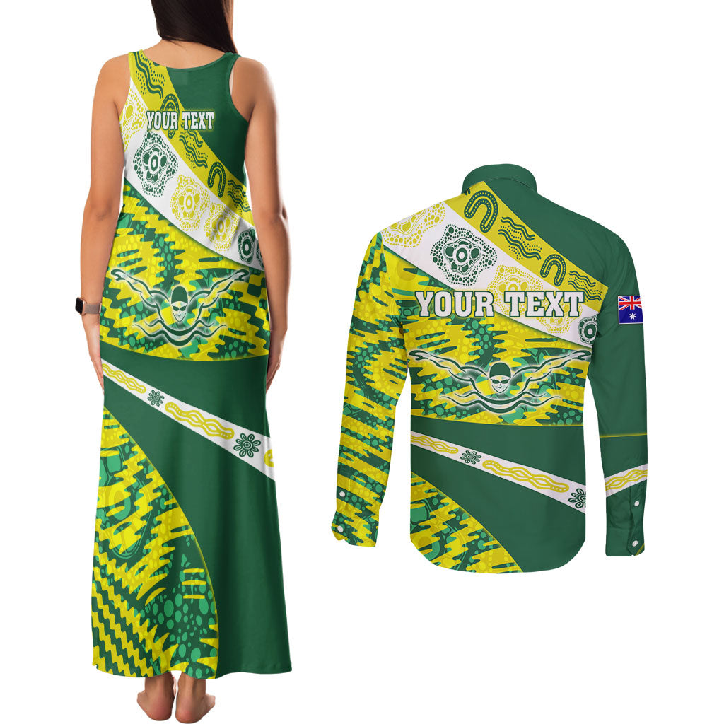 Personalised Australia Swimming Athlete Couples Matching Tank Maxi Dress and Long Sleeve Button Shirt Aboriginal Pattern Freestyle Swimmer Patriotic