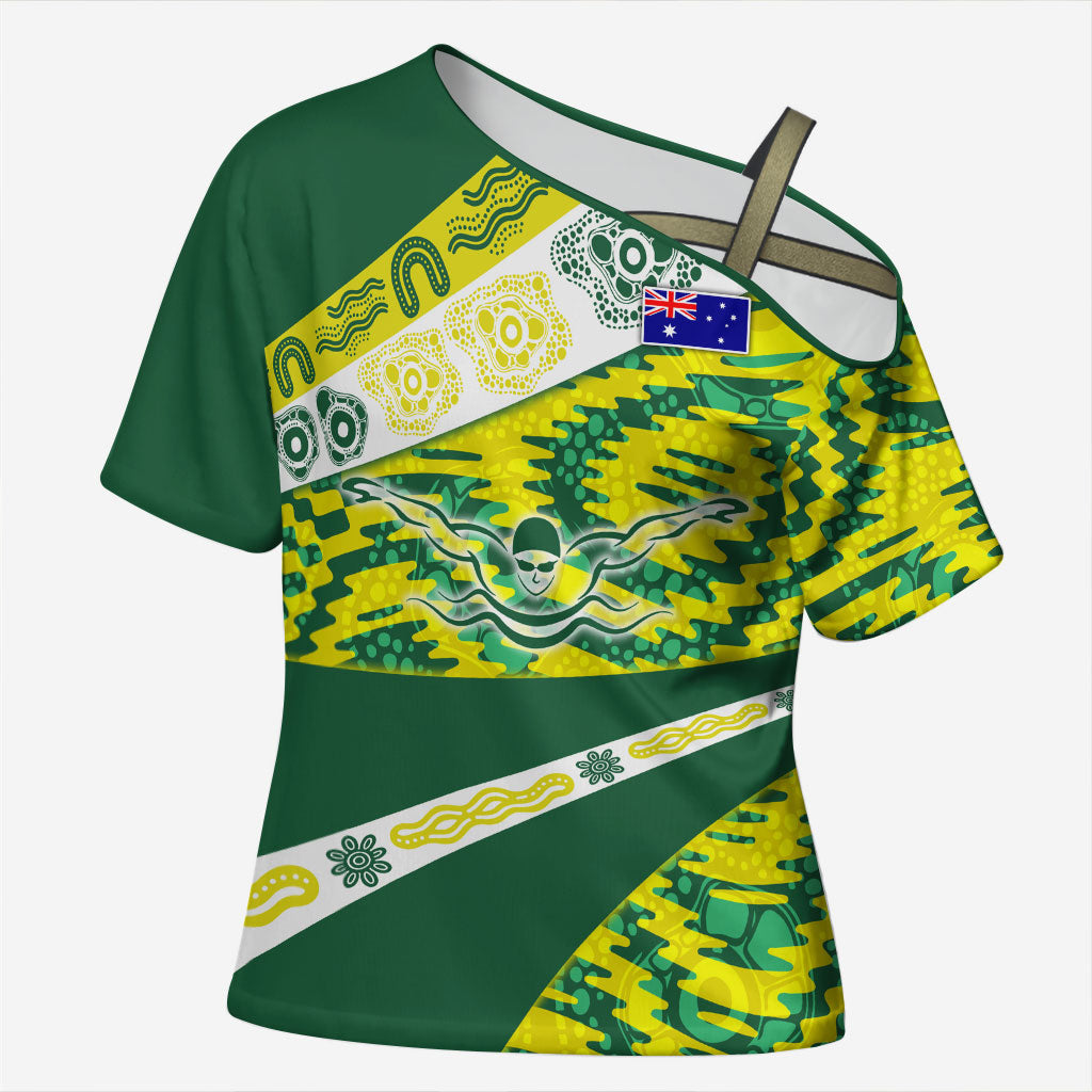 Personalised Australia Swimming Athlete Cross Shoulder Shirt Aboriginal Pattern Freestyle Swimmer Patriotic