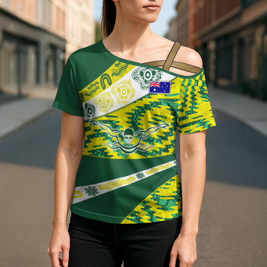 Personalised Australia Swimming Athlete Cross Shoulder Shirt Aboriginal Pattern Freestyle Swimmer Patriotic