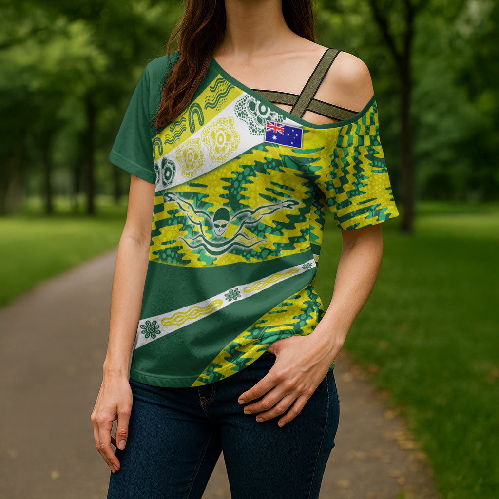 Personalised Australia Swimming Athlete Cross Shoulder Shirt Aboriginal Pattern Freestyle Swimmer Patriotic