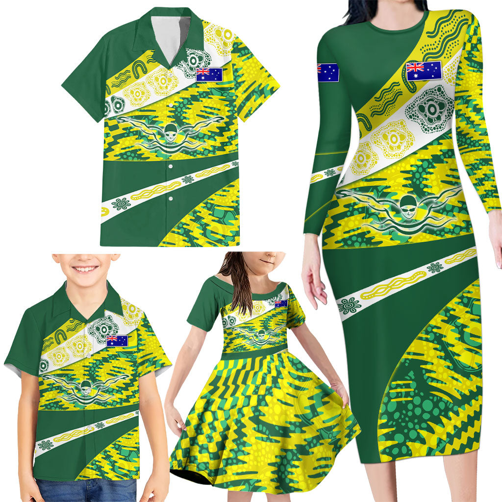 Personalised Australia Swimming Athlete Family Matching Long Sleeve Bodycon Dress and Hawaiian Shirt Aboriginal Pattern Freestyle Swimmer Patriotic