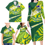Personalised Australia Swimming Athlete Family Matching Long Sleeve Bodycon Dress and Hawaiian Shirt Aboriginal Pattern Freestyle Swimmer Patriotic
