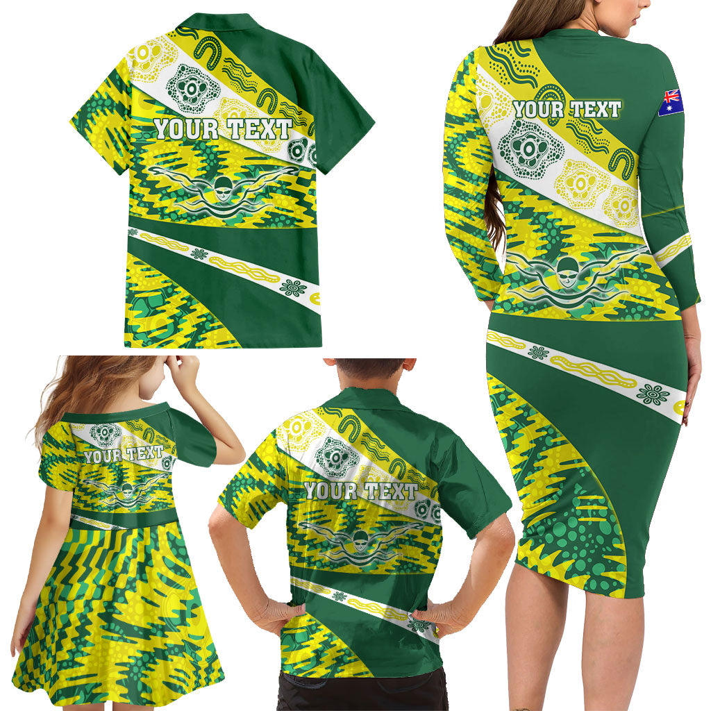 Personalised Australia Swimming Athlete Family Matching Long Sleeve Bodycon Dress and Hawaiian Shirt Aboriginal Pattern Freestyle Swimmer Patriotic