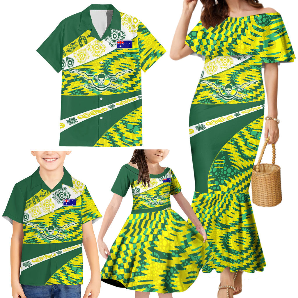 Personalised Australia Swimming Athlete Family Matching Mermaid Dress and Hawaiian Shirt Aboriginal Pattern Freestyle Swimmer Patriotic