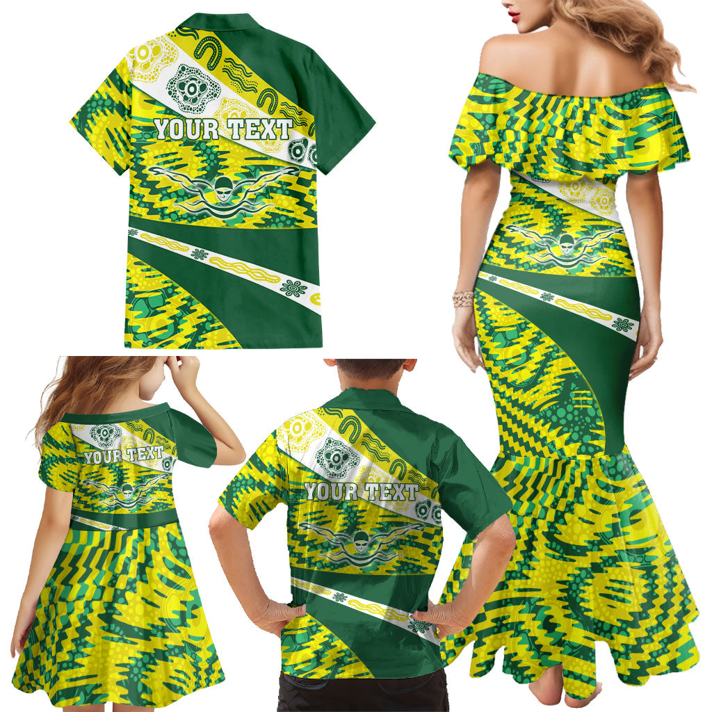 Personalised Australia Swimming Athlete Family Matching Mermaid Dress and Hawaiian Shirt Aboriginal Pattern Freestyle Swimmer Patriotic