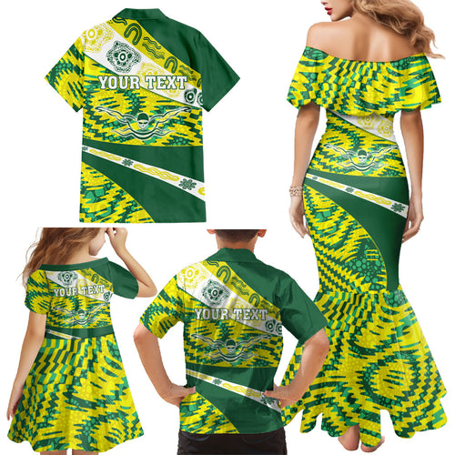 Personalised Australia Swimming Athlete Family Matching Mermaid Dress and Hawaiian Shirt Aboriginal Pattern Freestyle Swimmer Patriotic