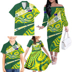 Personalised Australia Swimming Athlete Family Matching Off The Shoulder Long Sleeve Dress and Hawaiian Shirt Aboriginal Pattern Freestyle Swimmer Patriotic