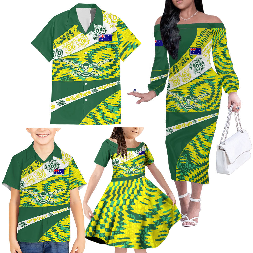 Personalised Australia Swimming Athlete Family Matching Off The Shoulder Long Sleeve Dress and Hawaiian Shirt Aboriginal Pattern Freestyle Swimmer Patriotic