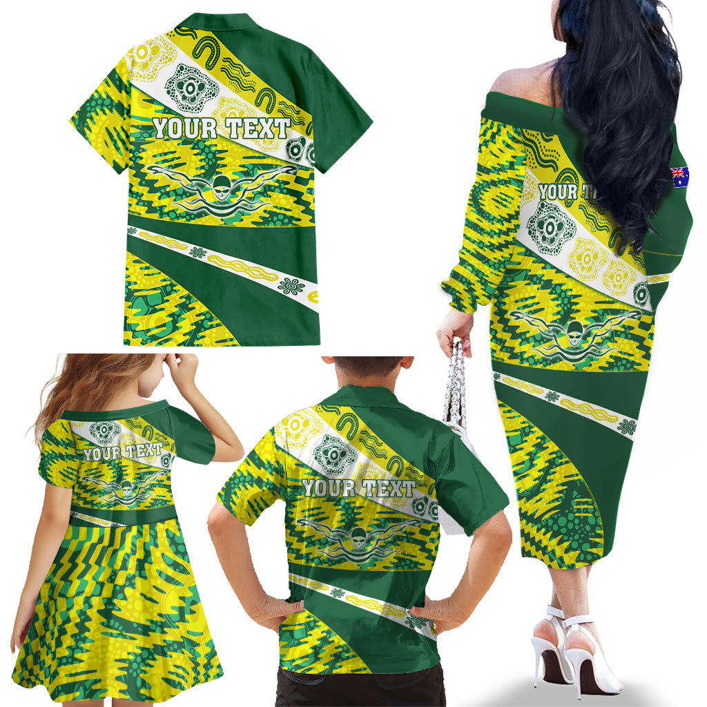 Personalised Australia Swimming Athlete Family Matching Off The Shoulder Long Sleeve Dress and Hawaiian Shirt Aboriginal Pattern Freestyle Swimmer Patriotic