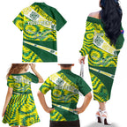 Personalised Australia Swimming Athlete Family Matching Off The Shoulder Long Sleeve Dress and Hawaiian Shirt Aboriginal Pattern Freestyle Swimmer Patriotic