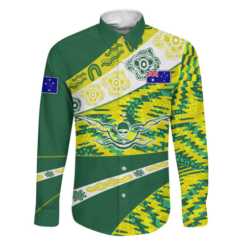 Personalised Australia Swimming Athlete Family Matching Off The Shoulder Long Sleeve Dress and Hawaiian Shirt Aboriginal Pattern Freestyle Swimmer Patriotic