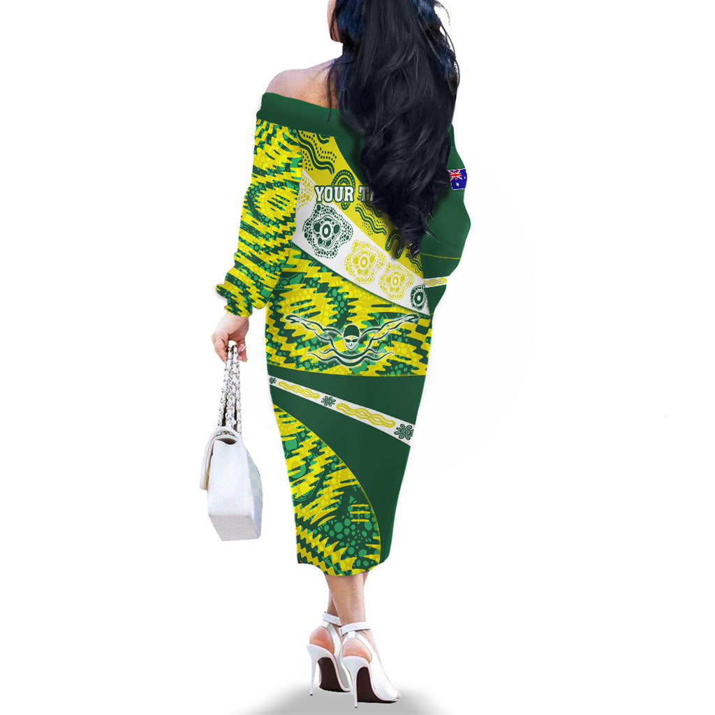 Personalised Australia Swimming Athlete Family Matching Off The Shoulder Long Sleeve Dress and Hawaiian Shirt Aboriginal Pattern Freestyle Swimmer Patriotic